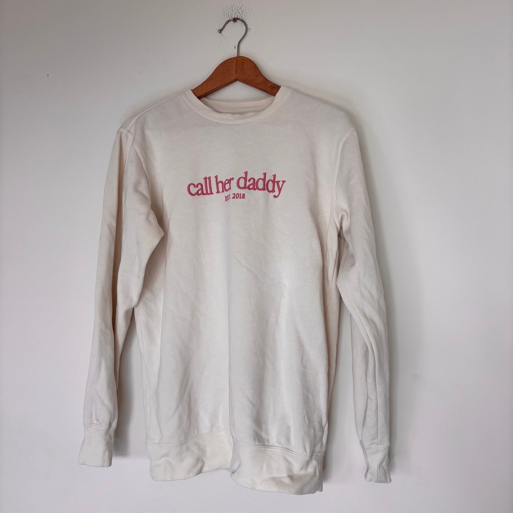 Call Her Daddy White Pink Pullover Cotton Podcast Sweatshirt Viral‎ Embroidery S